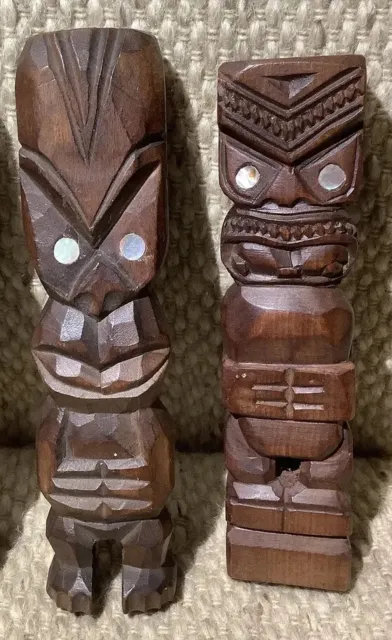 Māori Tribal Carved Wood New Zealand Tiki Sculpture Figurine &Paoa Shell 14/15cm