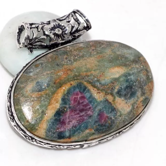 Ruby Fuchsite 925 Silver Plated Chunky Gemstone Pendant 1.5" Ethnic Gift GW