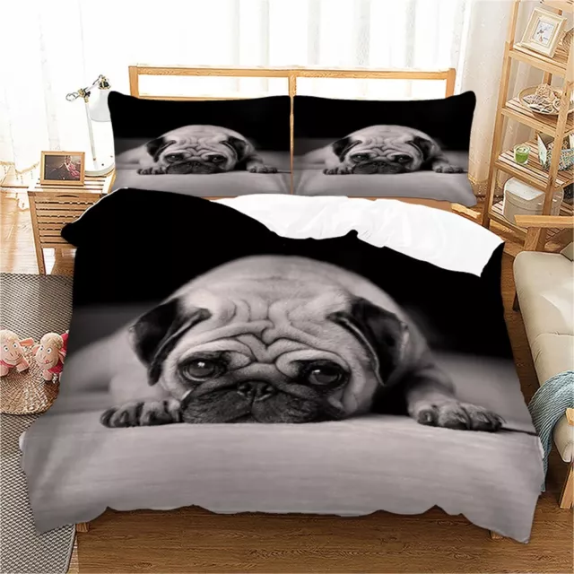 Pug Dog Quilt Doona Duvet Cover Set Single/Double/Queen/King Size Bed Pillowcase