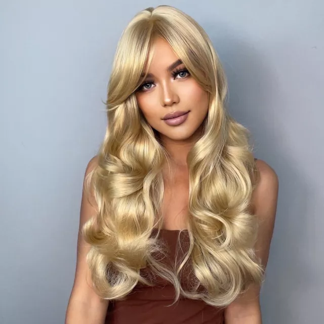 Long Curling Hair Wigs with Bangs  Wavy Hair  with Hair Net Heat B3Z7