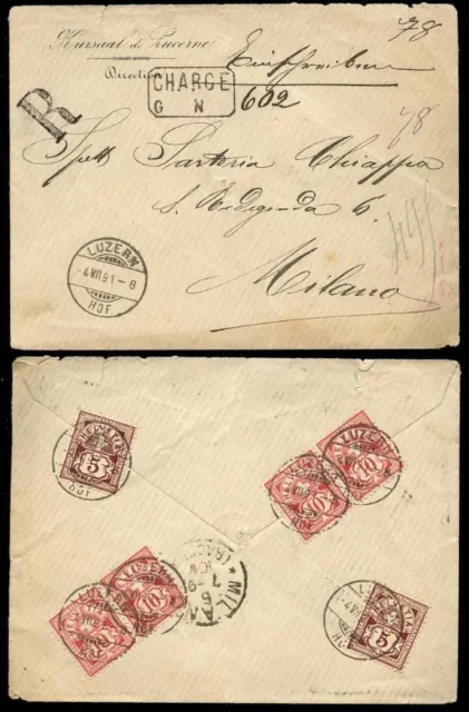 SWITZERLAND 1891 REGISTERED CHARGE BOXED to MILAN..KURSAAL LUCERNE ENV..6 stamps