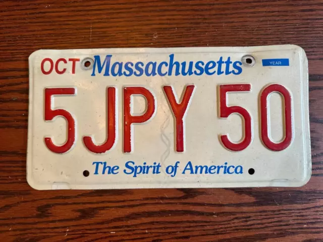 Massachusetts License Plate 5JPY 50 Spirit of America MA USA Authentic October