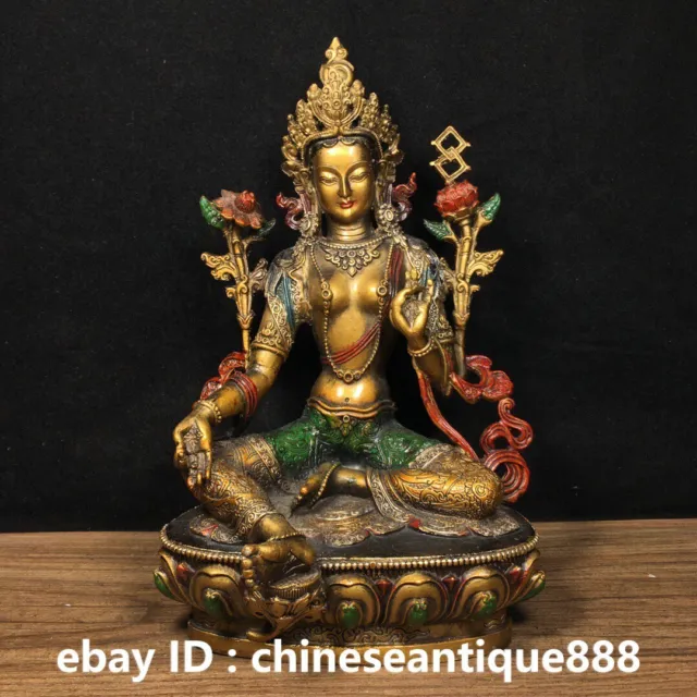 Old Tibet Bronze Painting Gilt Green Tara Enlightenment Goddess Buddha Statue
