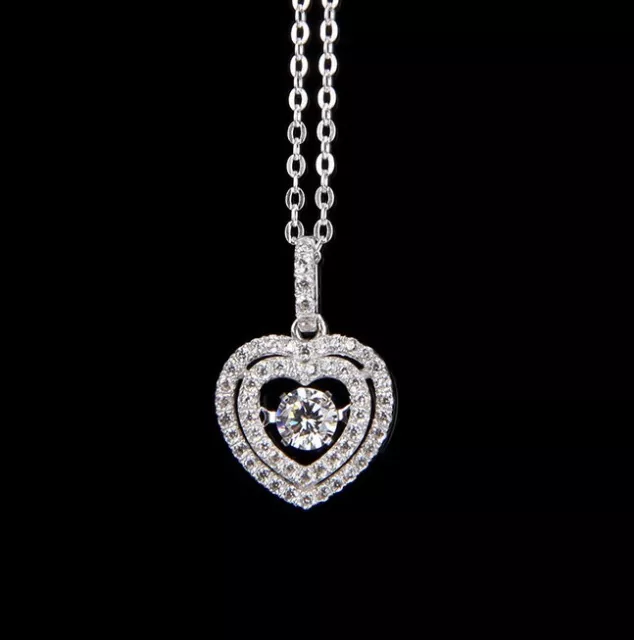 Dancing Cubic Zirconia Double Heart Halo Pendant Sterling Silver 18" Necklace