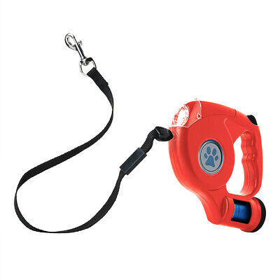Red Retractable Dog Lead with Light and Poo Bag Holder 15ft Long Leash Walking