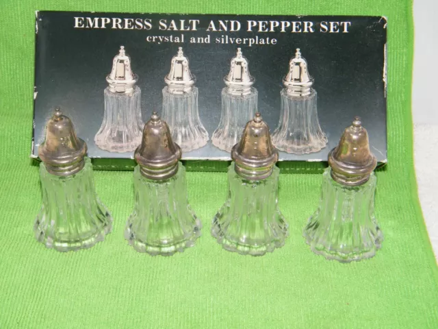 Empress Salt And Pepper Set Crystal And Silver Plate 3-1/2" Tall Lot Of 4