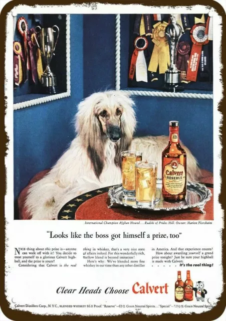 1946 AFGHAN HOUND Dog CALVERT Whiskey Vintage-Look DECORATIVE REPLICA METAL SIGN