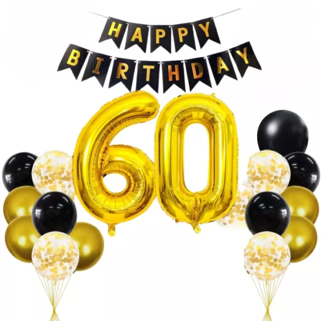 60 Geburtstag Deko Set Schwarz Gold, Zahlen+Girlande+Ballons+Stern Folienballons