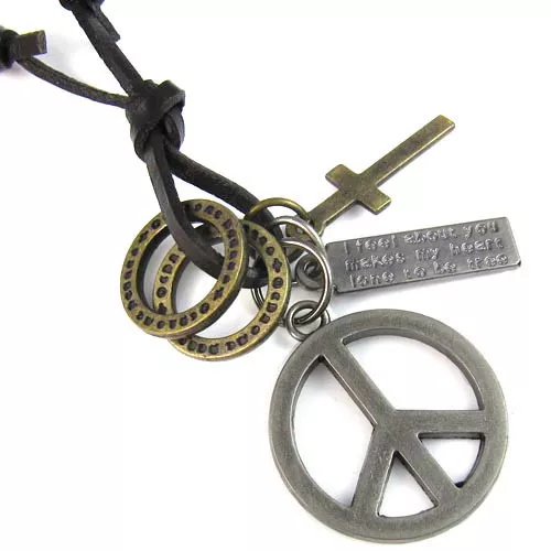 Mens Womens Peace Symbol Sign Cross Pendant Genuine Leather Choker Necklace Cord