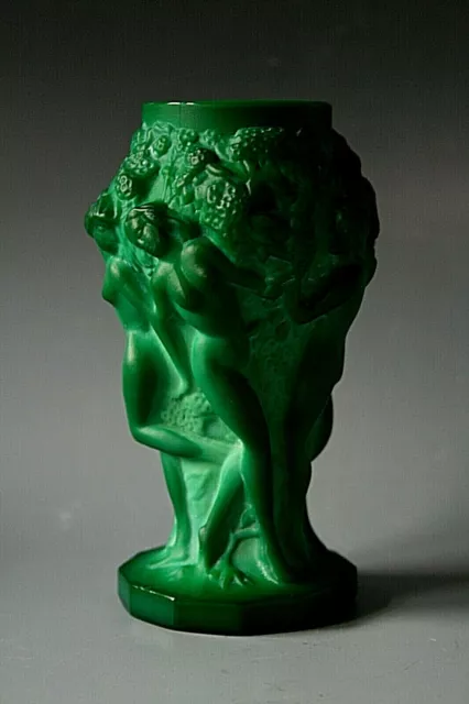 Art Deco Bohemian Jade Glass Vase With Figures Of Nude Ladies