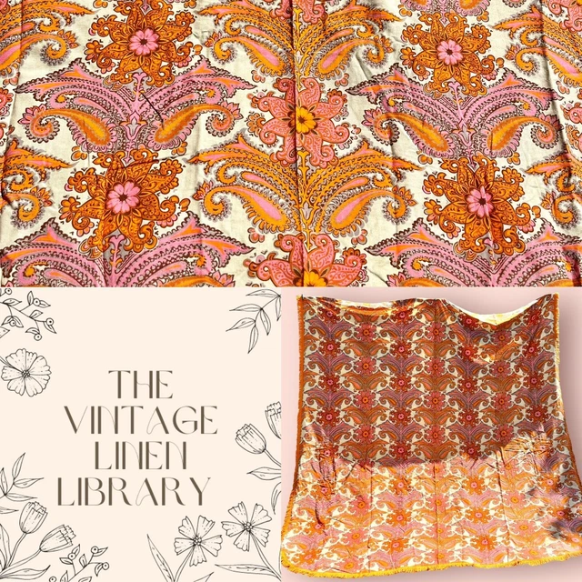 Colcha psicodélica vintage de los años 60 naranja con flecos de cachemira doble/tamaño King