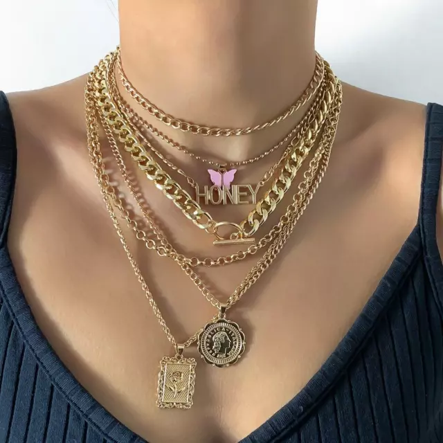 7-teiliges Set Punk Schmetterling Münze Rose Blume Anhänger Halskette für Frauen Vintage Stil