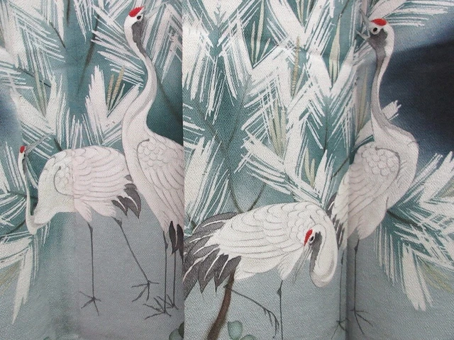 7889M1 Silk Vintage Japanese Kimono Tomesode Crane Birds