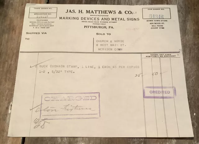 invoice billhead Pittsburgh Pennsylvania JAS. H. Matthews & Co Metal Signs 1917