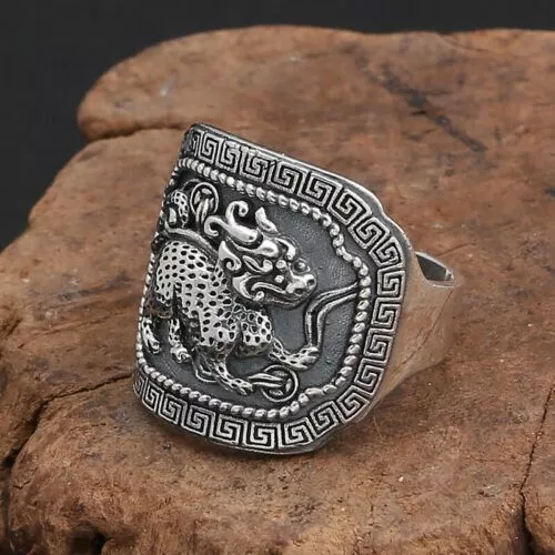 Old Chinese tibet silver handcarved Kirin God beast pattern adjustable Ring
