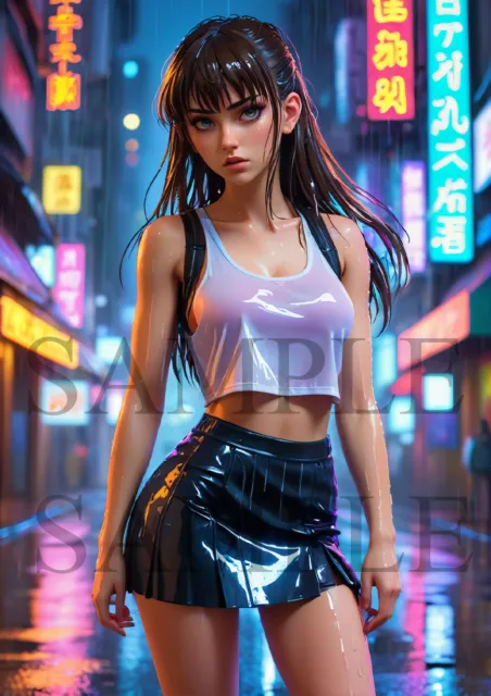 Sexy Anime Girl - Poster cyberpunk anime manga A4, A3 Art Gift wall pin up, Sexy