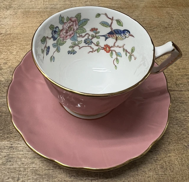 Aynsley Pink Tea Cup and Saucer Pembroke Crocus Blue Bird rare