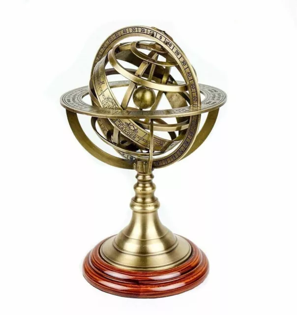 Vintage Astrolabe Armillary Brass Desktop Globe Sphere Wooden Base Antique Gift