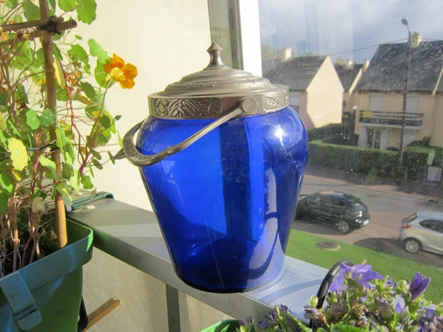 Pot à Biscuits Dentelle Royale Hazel Atlas – Bleu Cobalt Avec Couvercle