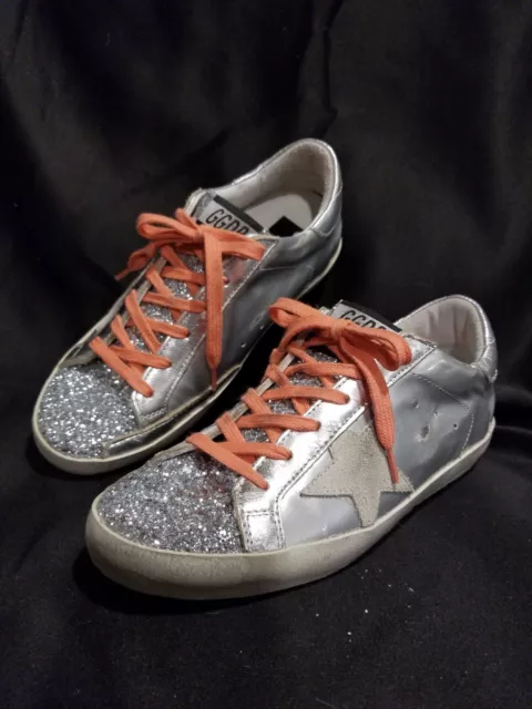 Golden Goose Superstar Silver Glitter Metallic Grey Star Sneaker Womens 37 Shoes