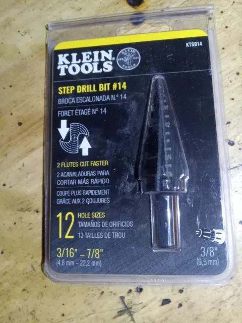 Klein Tools (KTSB14) Step Drill Bit #14 Double-Fluted, 3/16" - 7/8" - 12 Holes