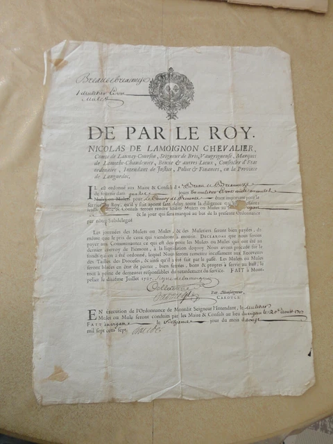 1707 de par le roy nicolas de lamoignon chevalier mulets ordonnance