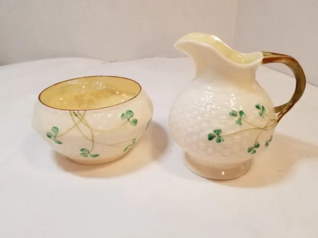 Belleek Ireland Shamrock Basketweave Sugar/Creamer Set 2nd Green Mark