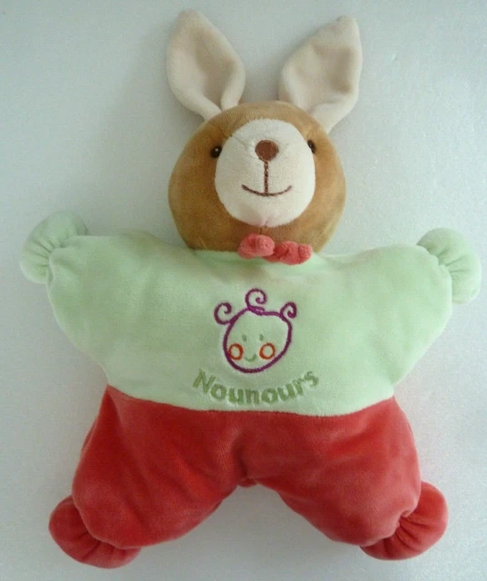 k2. DOUDOU PELUCHE NOUNOURS LAPIN vert rouge 27cm tête de bébé  ETAT QUASI NEUF*