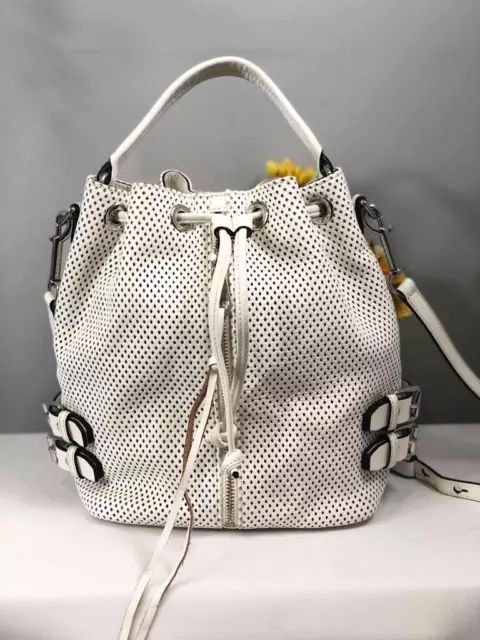 REBECCA MINKOFF Moto Perforated White Leather Buckles Bucket Drawstring Bag