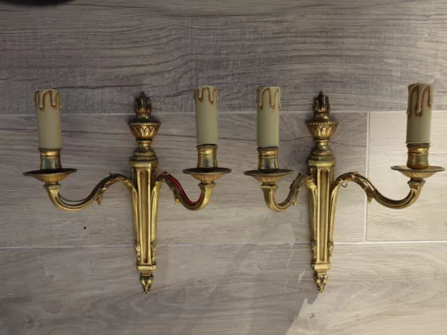 Antique Pair French Empire Regency Bronze Wall Sconces Torch