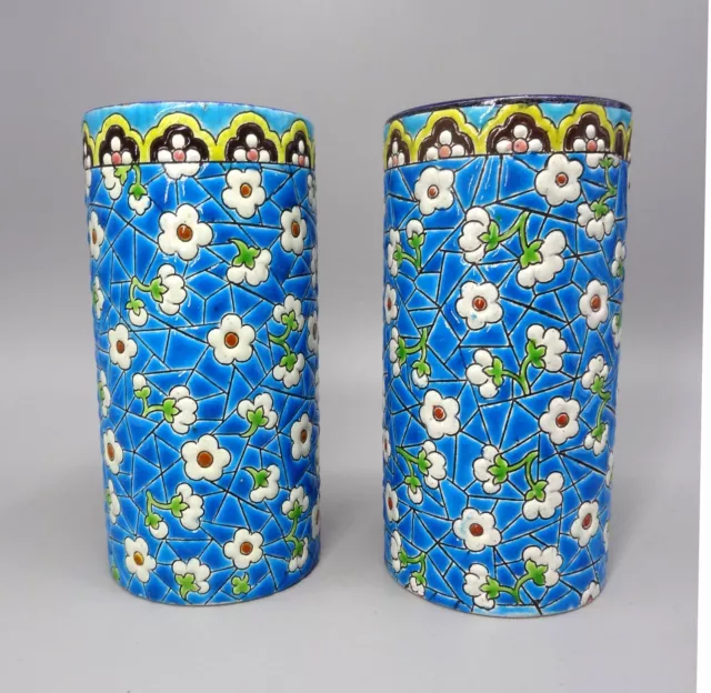 Excellent pair 16 cm Hand Painted Enamel French Longwy Art Pottery Vases