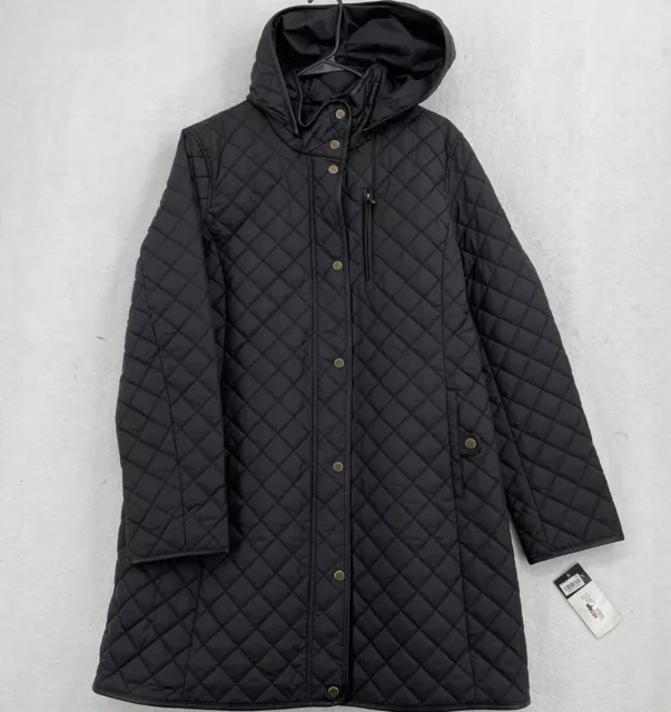 LRL Womens Large Jacket Black Diamond Quilted Removable Hood Lightweight Soft