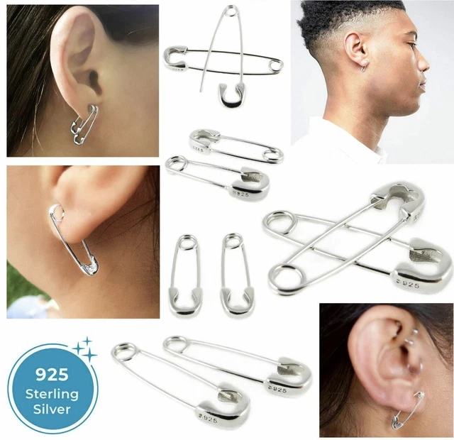 925 Sterling Silver Safety Pin Earrings Men Women Steam Punk Stud Ear Paper Clip