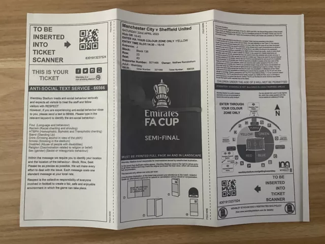 Manchester City vs Sheffield United: FA Cup Semi Final (22/04/2023) Used Ticket