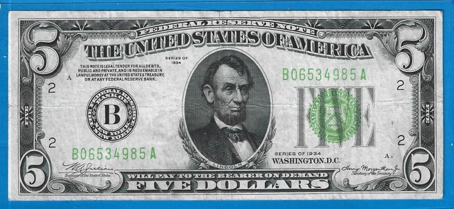 1934 $5 Federal Reserve Note B-New York,Lime (Light)Green Seal,Circ VF,Nice