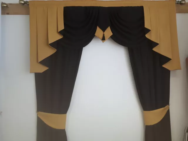 SWAGS AND TAILS+ CURTAINS BLK/ GOLD+BLK/GOLD TIE + GOLD T/B 64x60x90