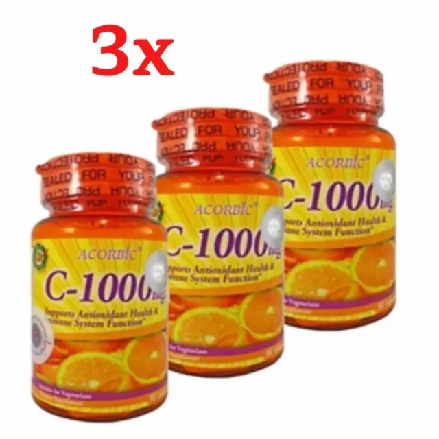 3 Pcs.xVitamine C ACORBIQUE 1000 mg blanchissant antioxydant anti-rides Santé.