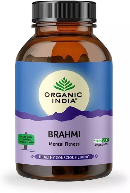 La bouteille de 180 capsules Organic India Brahmi favorise la forme mentale...