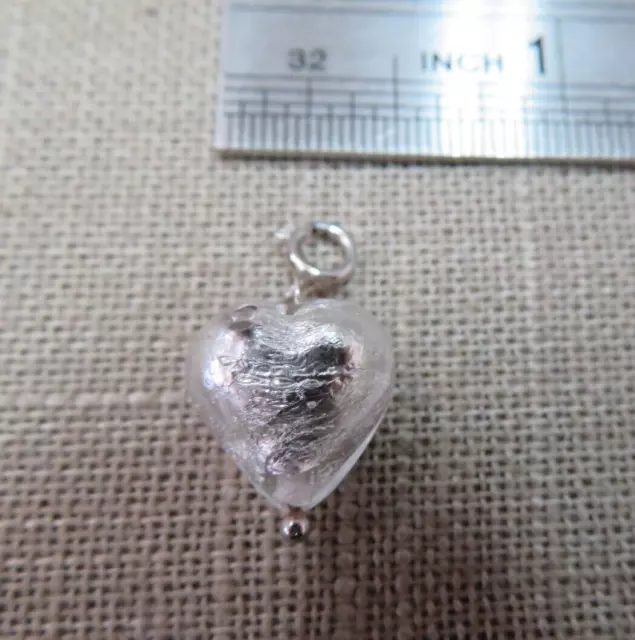 14k Pure W.  Gold Murano Glass Heart Charm Pendant 1.98 G w/14k 5mm Spring Clasp