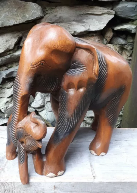 28cm Holz Elefant Elefanten Figur Skulptur Tierfigur MAMA + Baby Asien Afrika