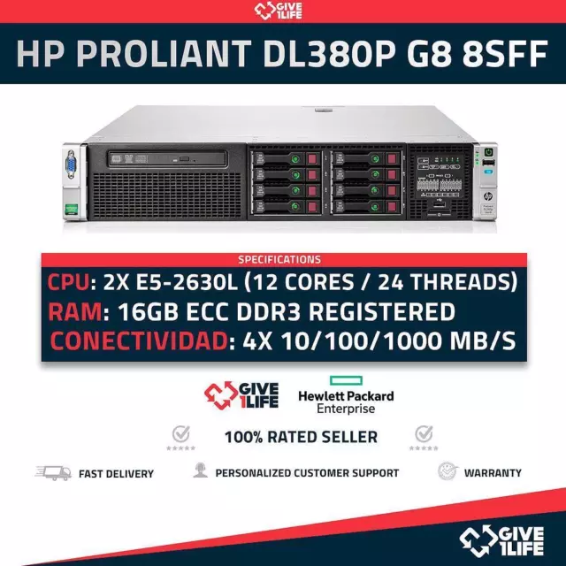 Serveur rack HP DL380P G8 8SFF 2x E5-2630L + 48 Go de RAM + P420 + 2 blocs...