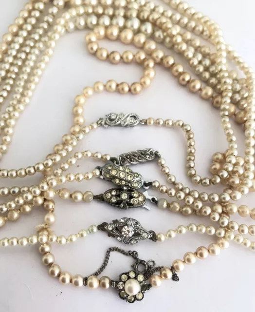 Job Lot Vintage Imitation Faux Pearl 925 Silver Paste Marcasite Clasps Necklaces
