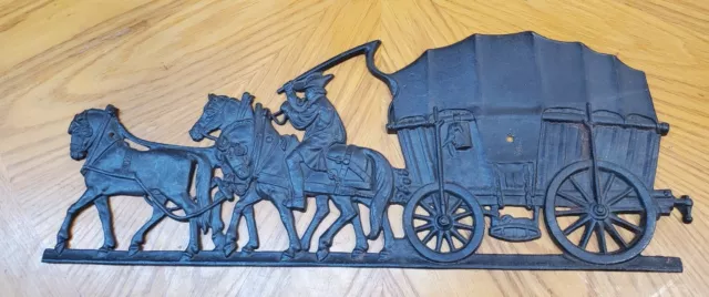 Rare Vintage Cast Iron Door Wall Plaque Art Marked JZH Dated 1957 Horses Wagon