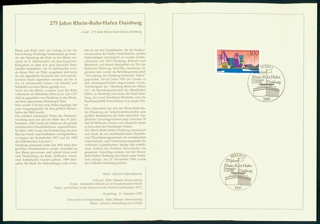 Brd Etb 1991/36 Ersttags-Sammelblatt Rhein-Ruhr Hafen Duisburg Schiffe Kran
