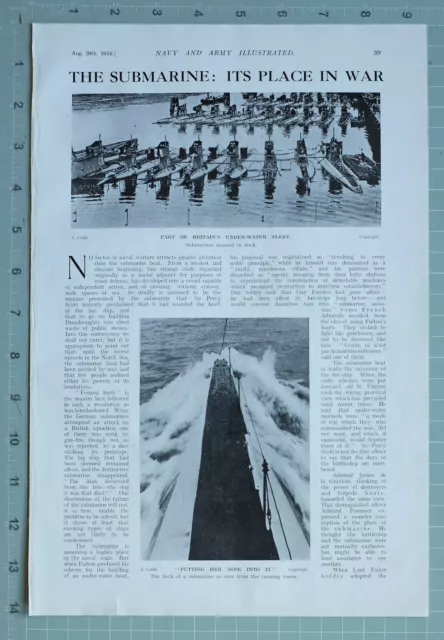 1914 Ww1 Print Submarines Moored In Dock Britains Fleet ~ D1 Mounted Guns