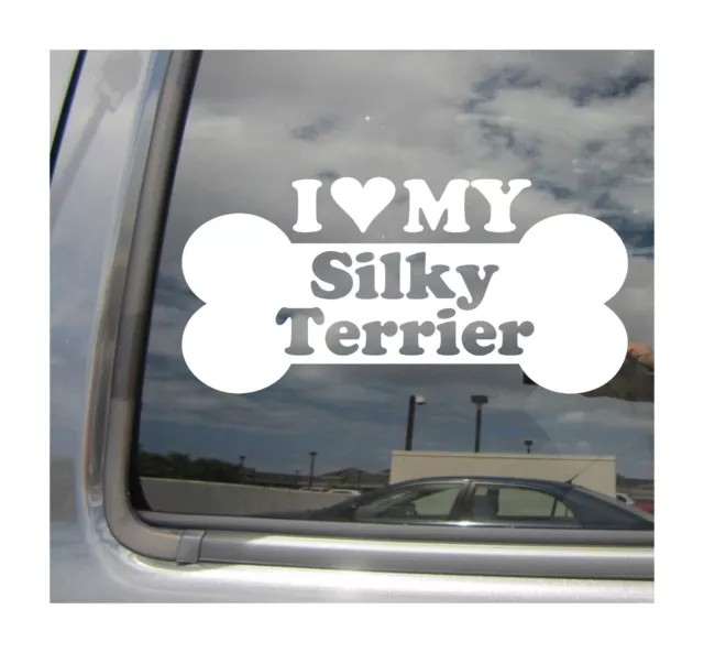 I Heart Love My Silky Terrier - Purebred Dog Bone Car Vinyl Decal Sticker 13936