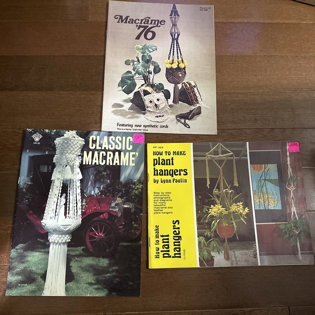 Lote de 3 piezas de colección Macrame ""76 piezas de exhibición colgadores de plantas libros de patrones diseños de acentos