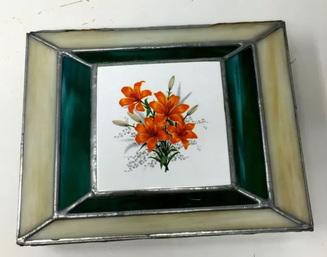 Vintage Leaded Stained Slag Glass and Tile Jewelry Trinket Box