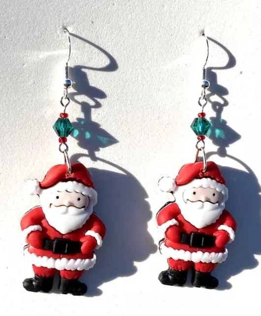 Handmade Sterling Silver Santa Emerald Crystal Beaded Earrings