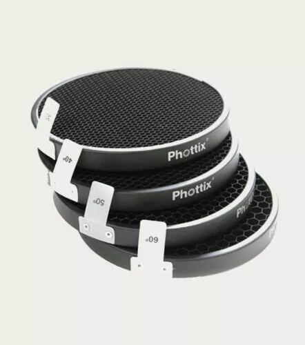 Phottix 5" Honeycomb Grid Set (30, 40, 50, 60 Degree) for Indra 500LC Reflector